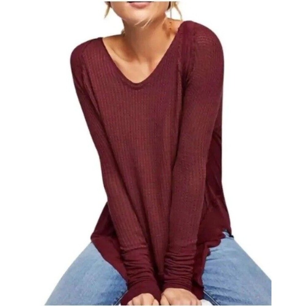 We The Free Burgundy Waffle Knit Long Sleeve Lightweight T-Shirt Size XS Boho